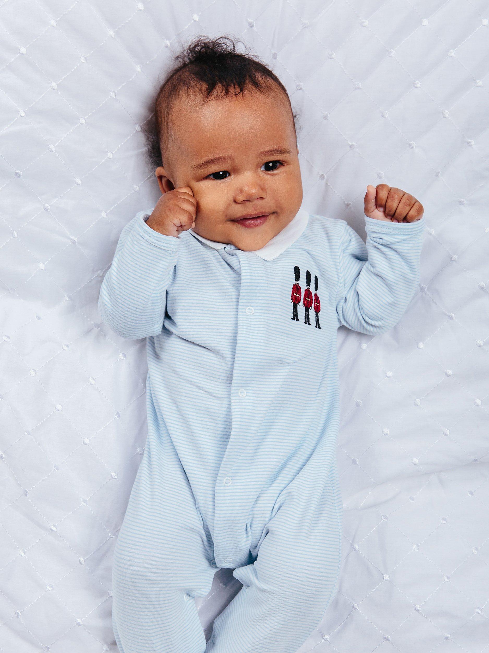 Trotters Baby Hugo Organic Cotton Jersey Blue Stripe Sleepsuit (British brand)