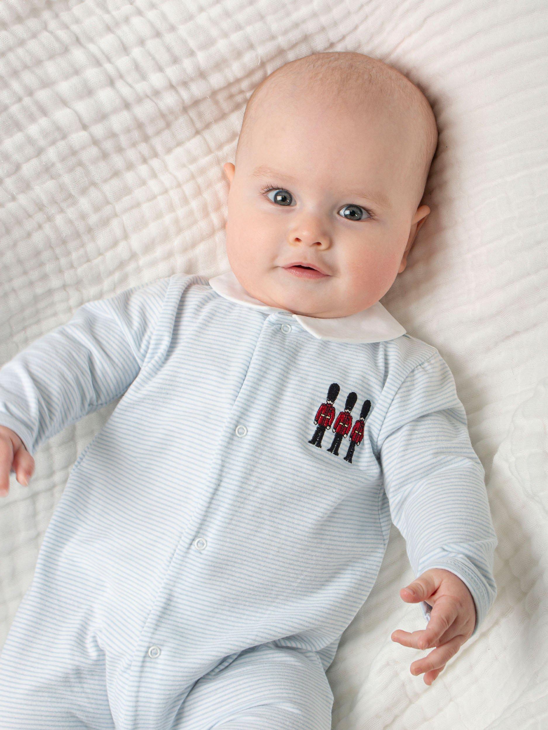 Trotters Baby Hugo Organic Cotton Jersey Blue Stripe Sleepsuit (British brand)