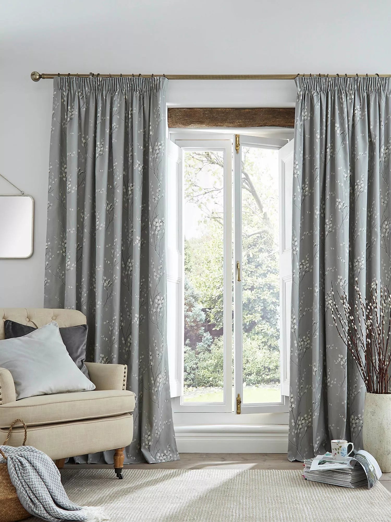 Laura Ashley Pussy Willow lined pencil pleat curtains, imported from the UK