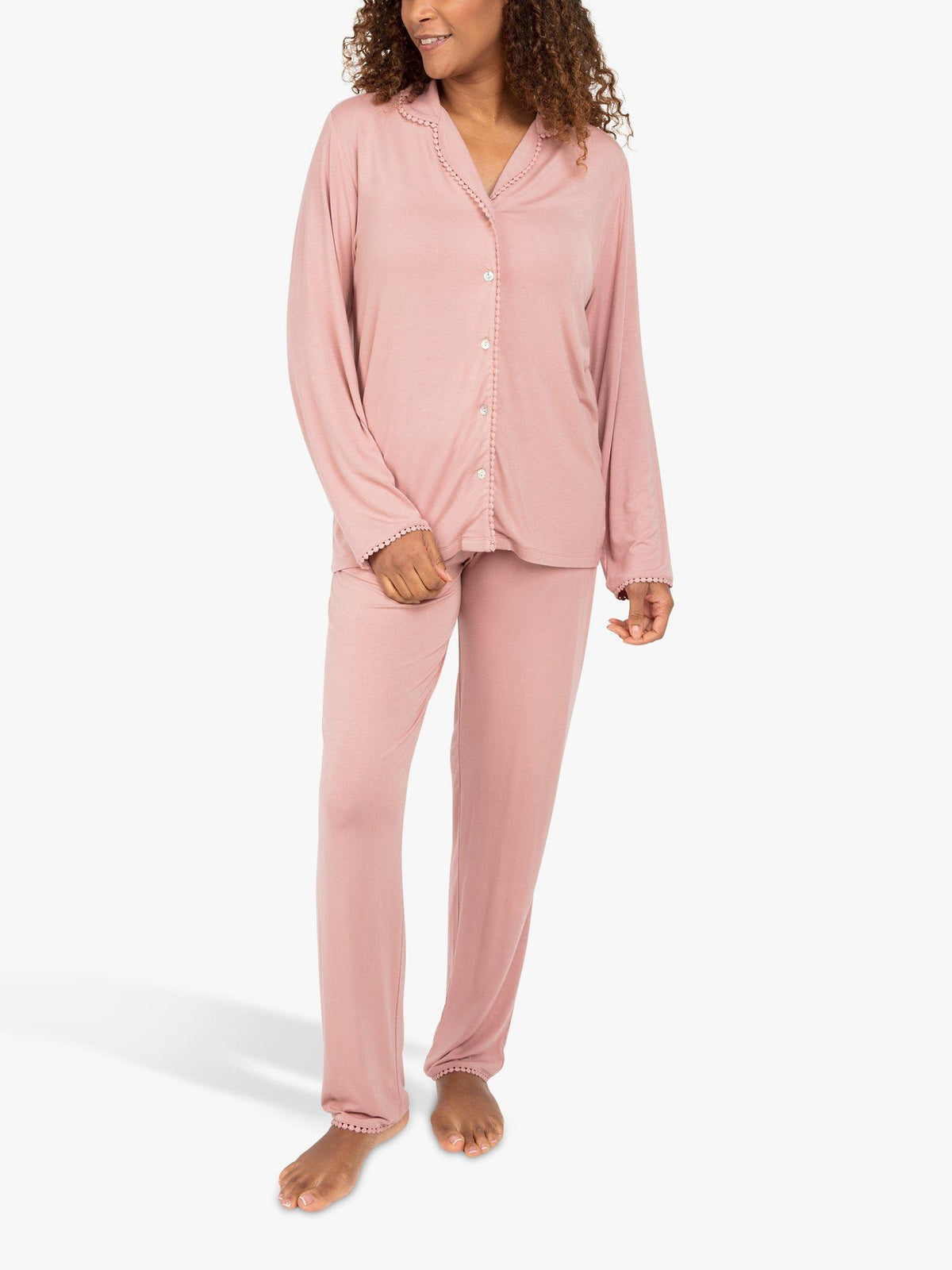 Long-Sleeve Jersey Pyjama Set with Bobble Lace Trim in Rose