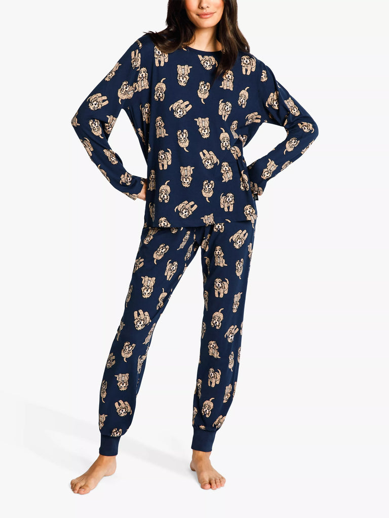 Chelsea Peers Cockapoo Eco Long Sleeve Classic Recycled Pyjama Set, Navy