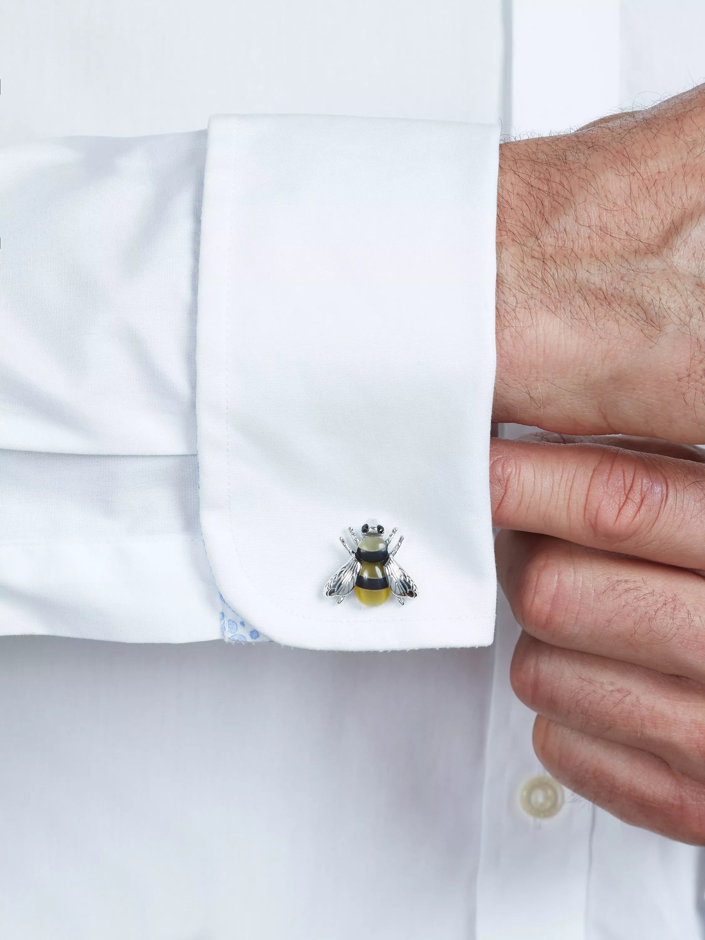 Simon Carter Darwin Bee cufflinks yellow catseye onyx rhodium plated brass - British product