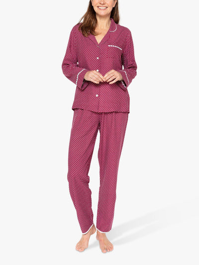 Langermet pyjamasett med prikkete mønster og hvit kantlist i Magenta Mix