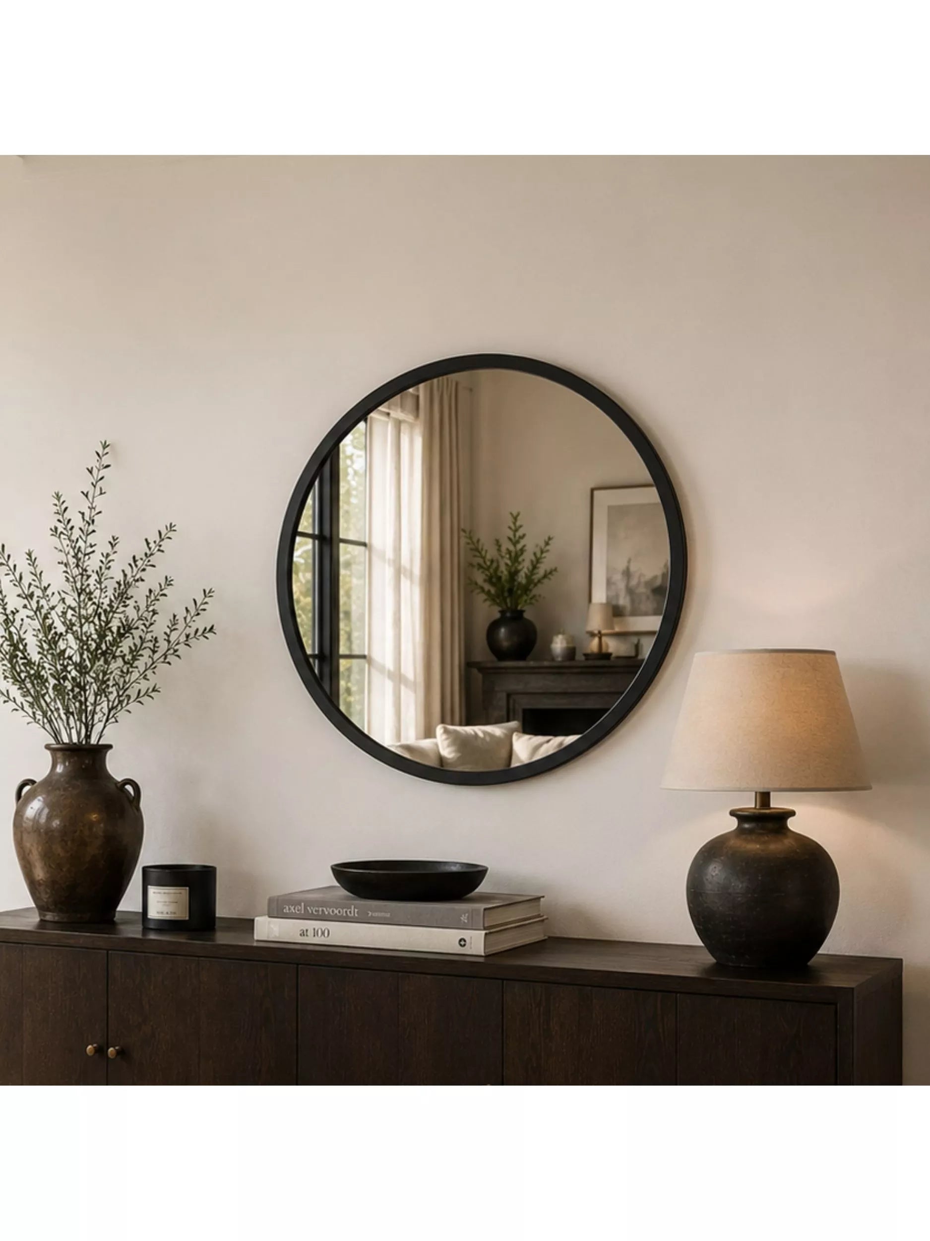 Yearn Classic Round Wood Frame Wall Mirror, Black, 50cm