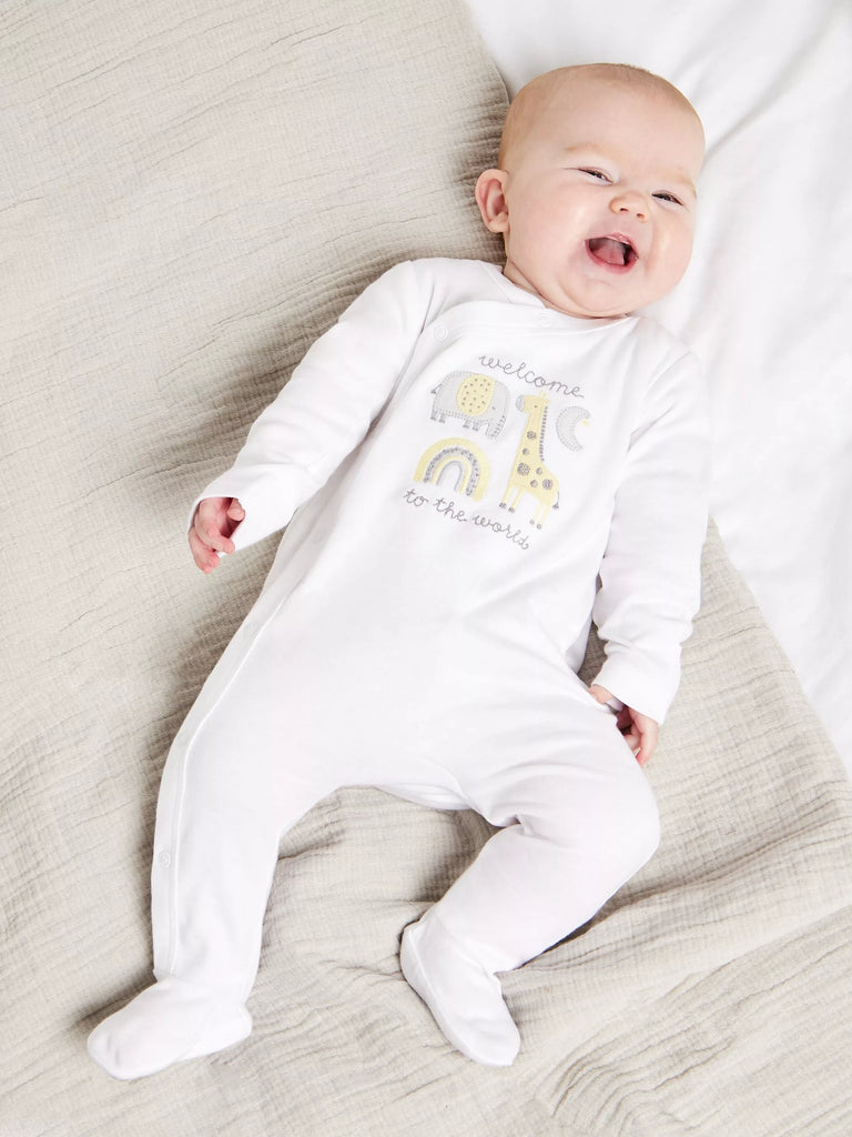 Mini Cuddles Baby Welcome to the World Sleepsuit, White