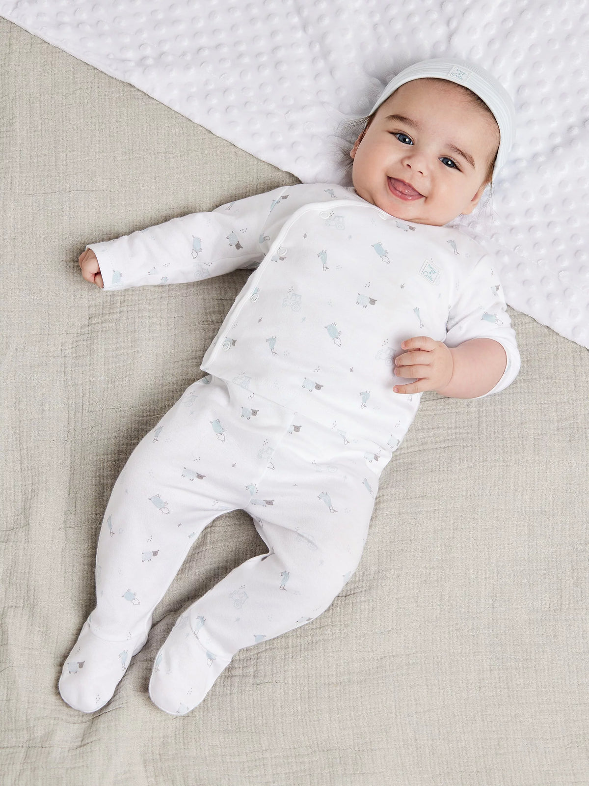 Mini Cuddles Baby Applique Sleepsuits, Hat & Gloves Set, White/Blue - McGrocer
