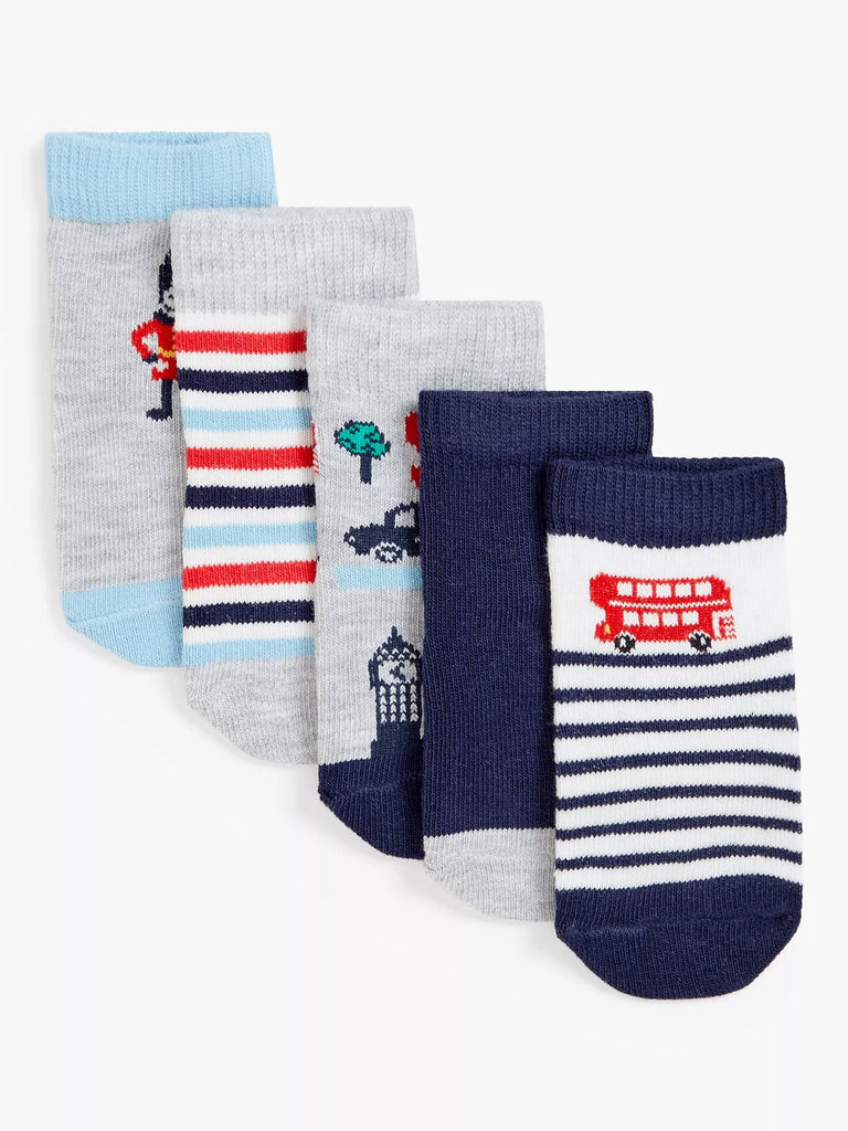 John Lewis Baby Organic Cotton Rich London Transport Theme Socks, Pack of 5