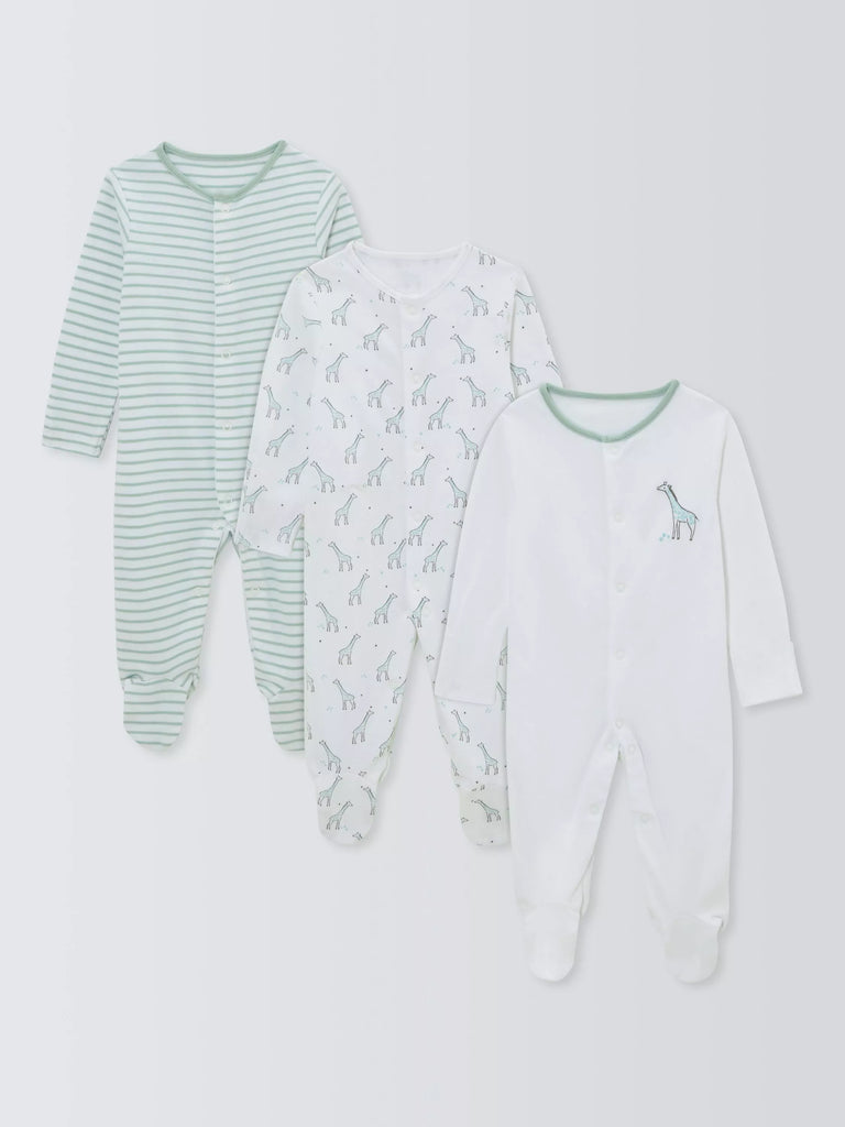 John Lewis Baby Giraffe & Stripe Sleepsuit, Pack of 3, Multi