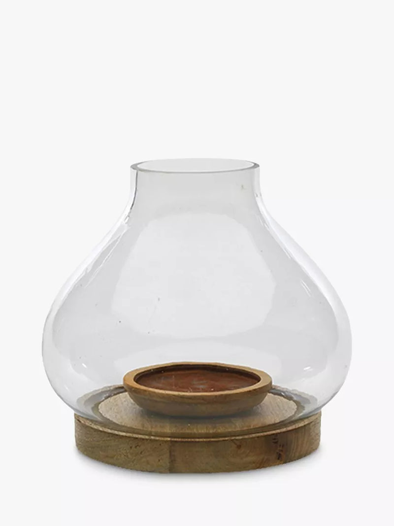 nkuku Naryla Lantern Candle Holder recycled glass mango wood, imported from the UK