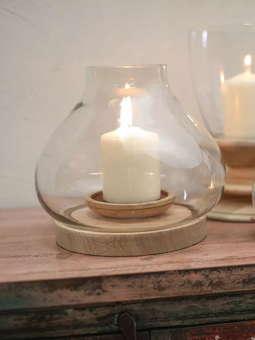 nkuku Naryla Lantern Candle Holder recycled glass mango wood, imported from the UK