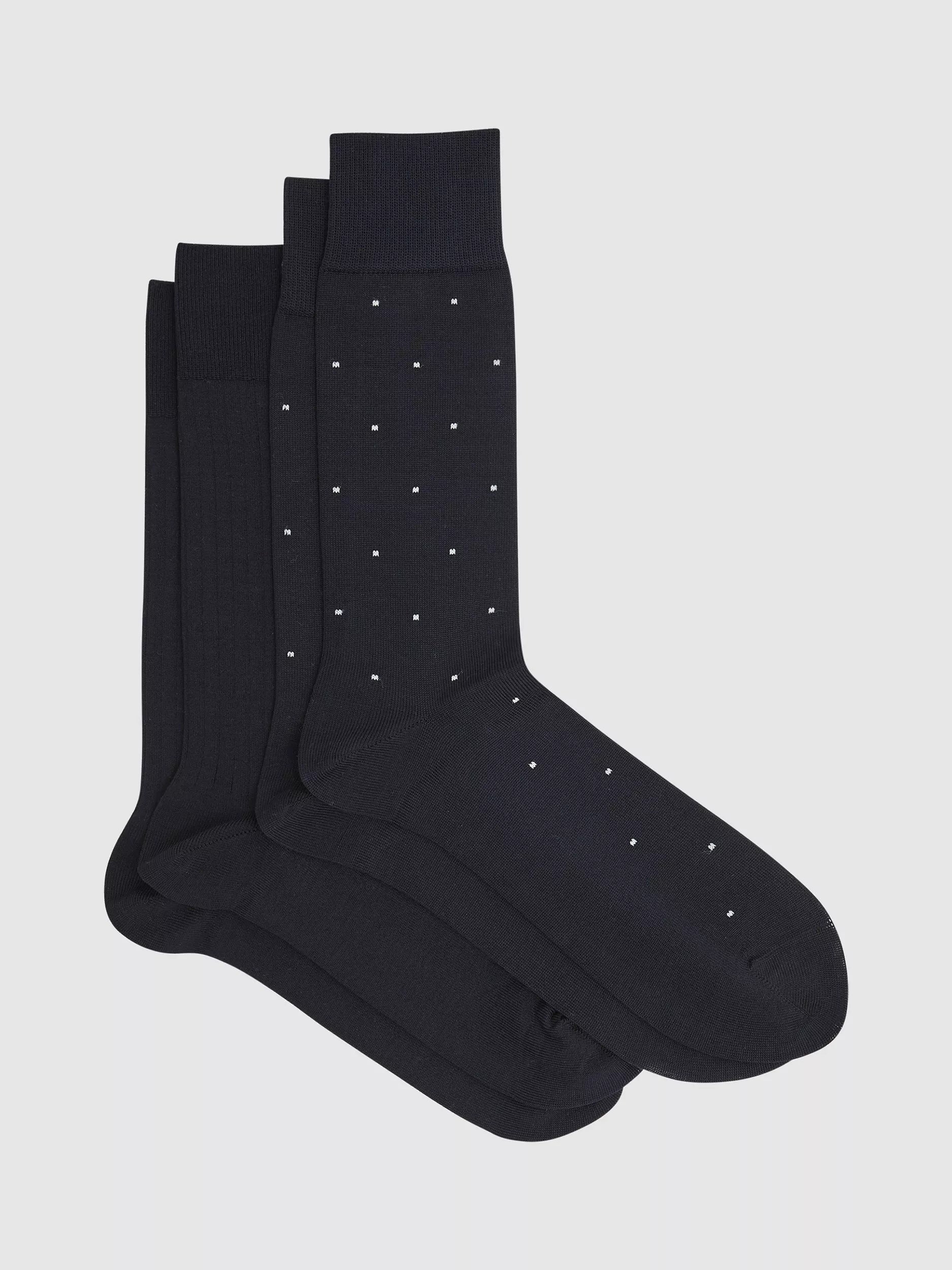 Reiss Graham Ribbed and Spot Cotton Blend Socks, Pack of 2