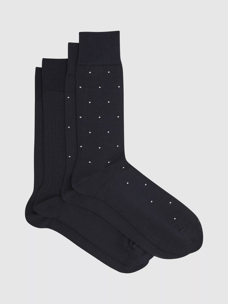 Reiss Graham Ribbed and Spot Cotton Blend Socks, Pack of 2