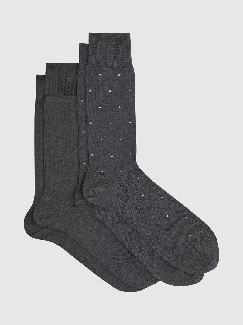 Reiss Graham Ribbed and Spot Cotton Blend Socks, Pack of 2