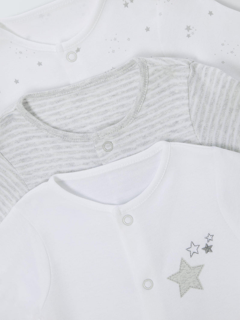 John Lewis baby cotton star print sleepsuits white pack of 3, UK version