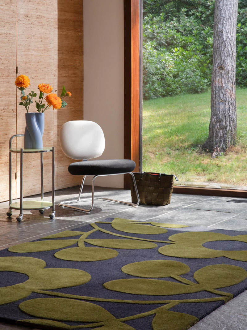 Orla Kiely Sprig Stem wool rug in Marine, imported from the UK