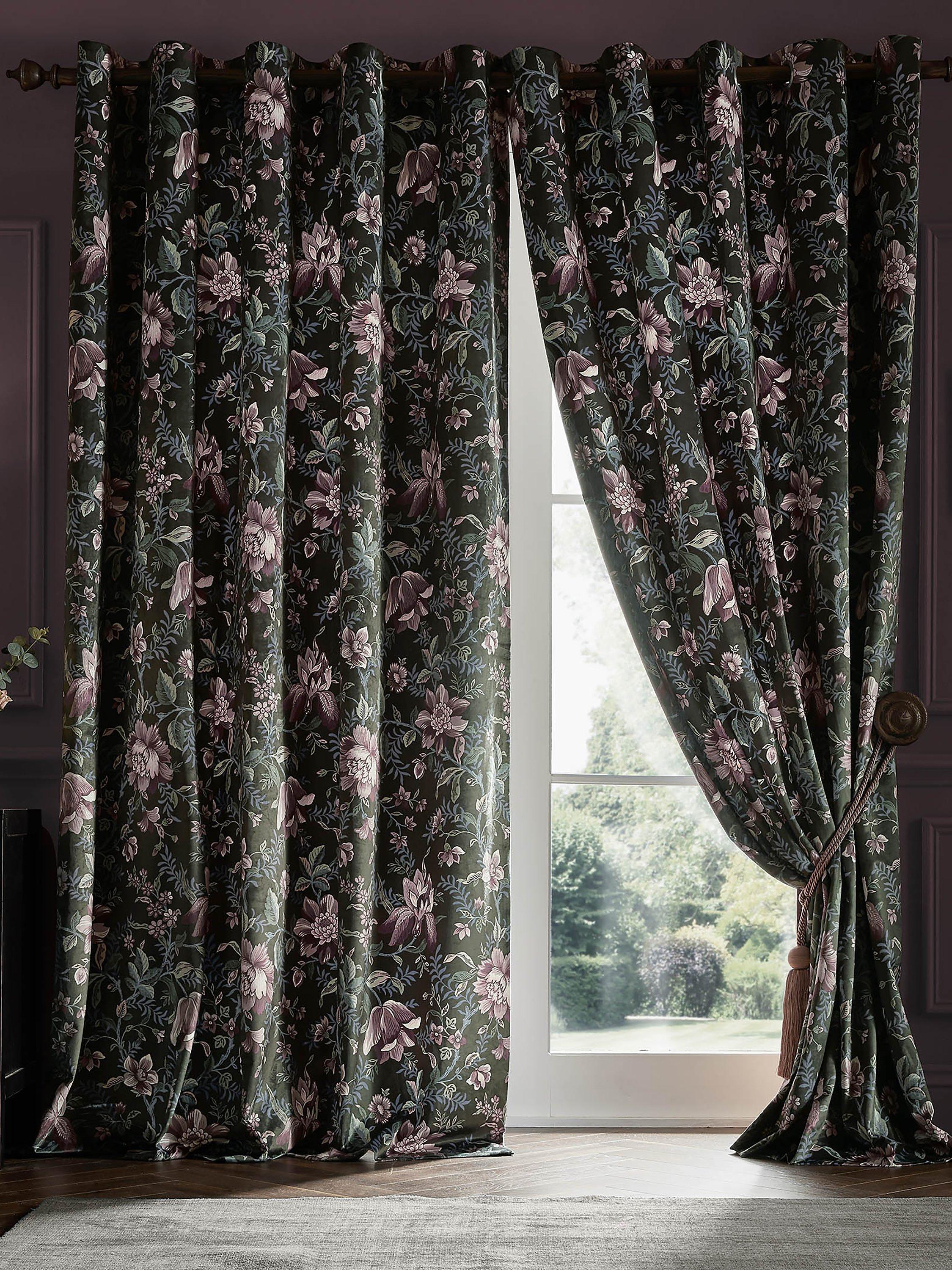 Floral Lined Eyelet Velvet Curtains Charcoal Pair