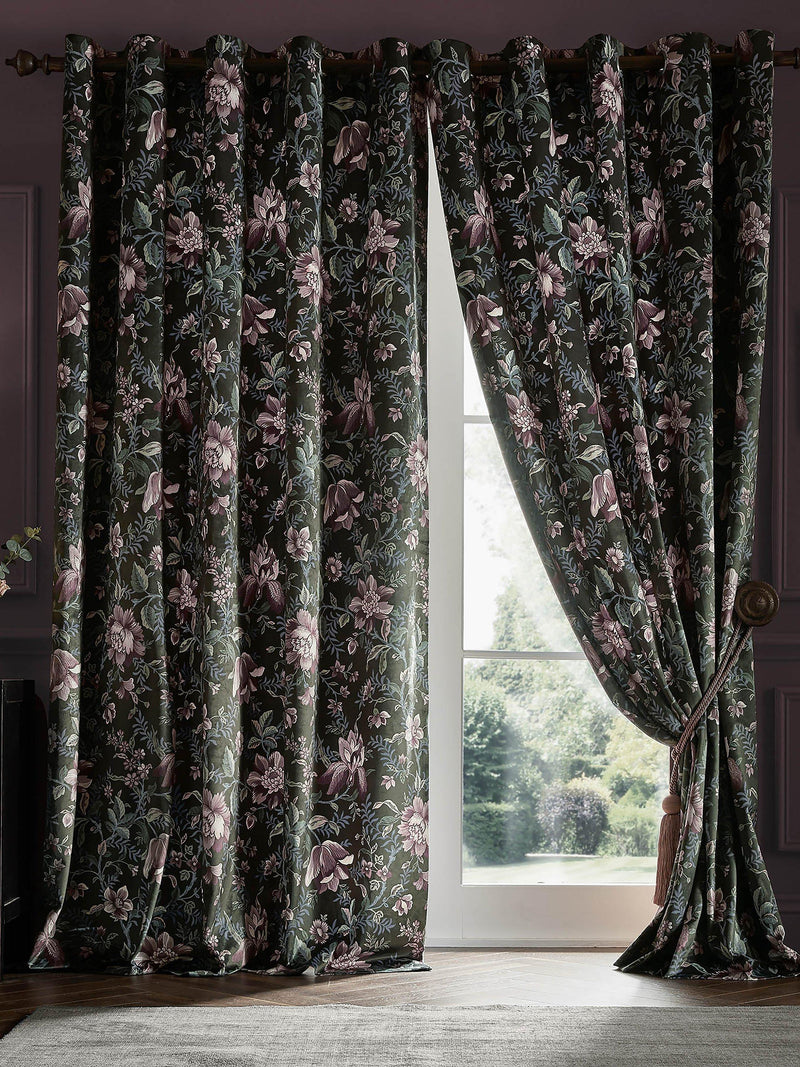 Floral Lined Eyelet Velvet Curtains Charcoal Pair
