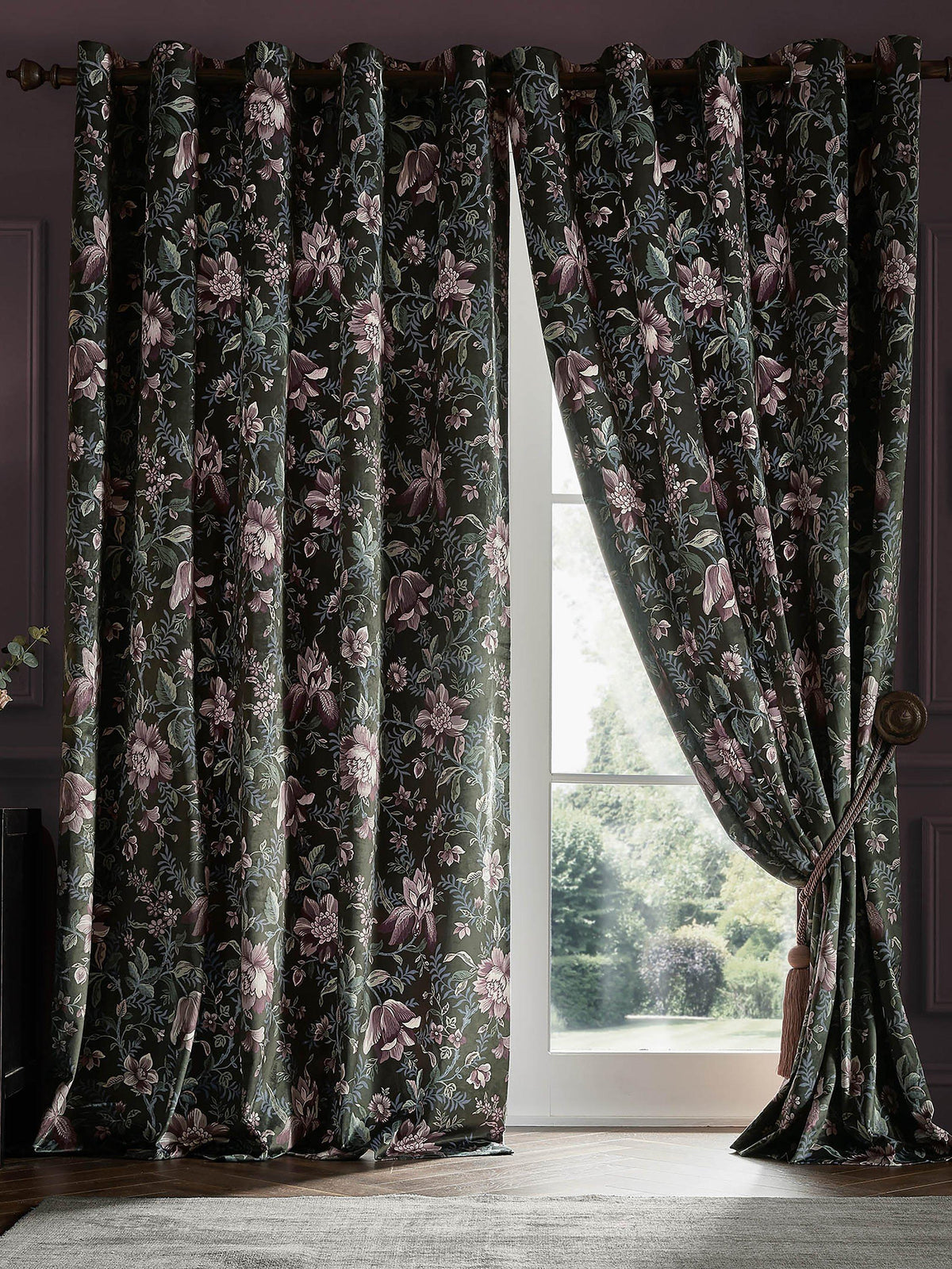 Floral Lined Eyelet Velvet Curtains Charcoal Pair