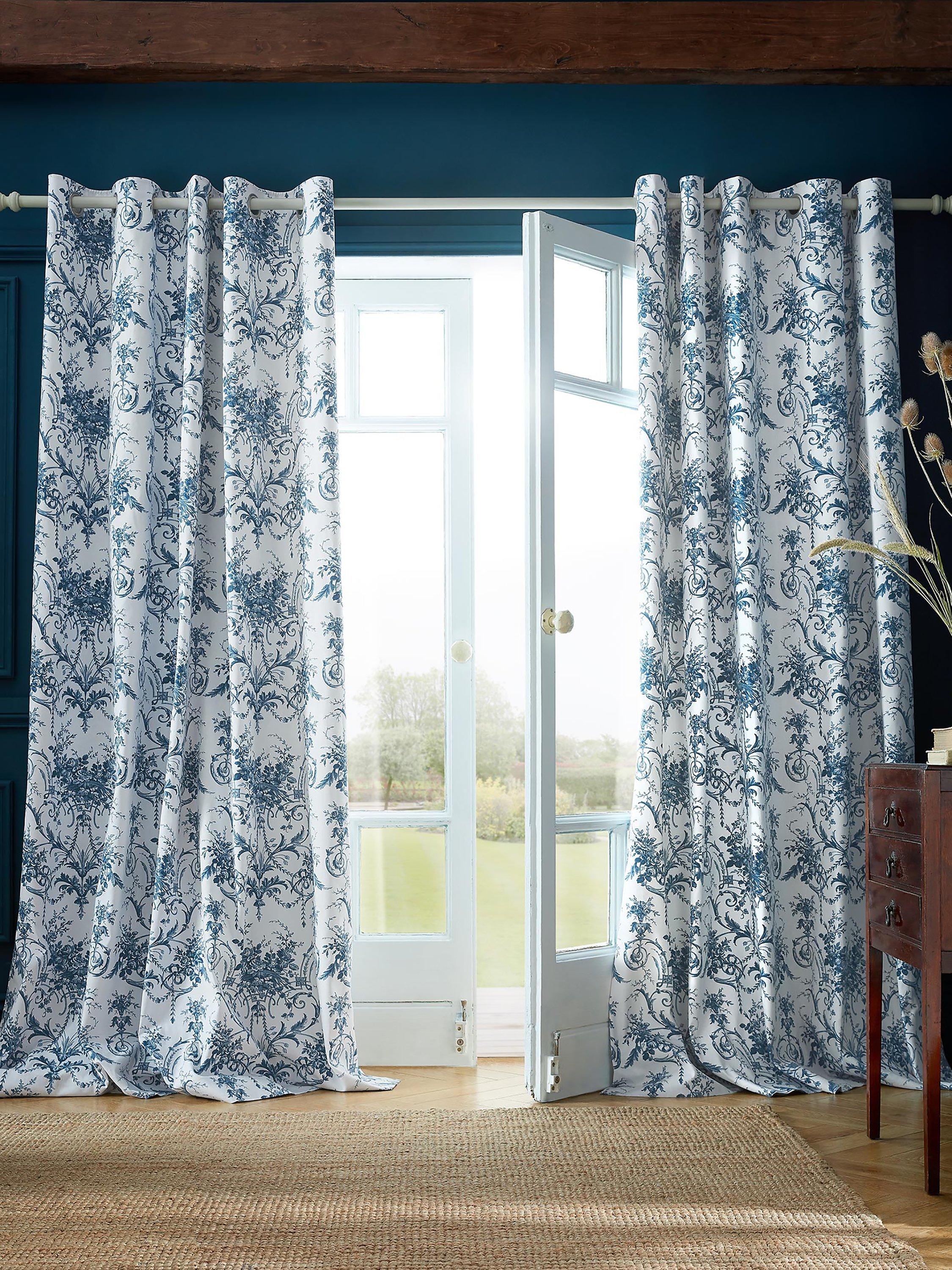 Lined Eyelet Curtains in Toile de Jouy Print, Midnight, 100% Cotton, Pair