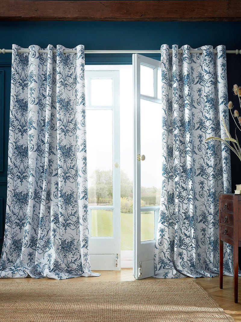 Lined Eyelet Curtains in Toile de Jouy Print, Midnight, 100% Cotton, Pair