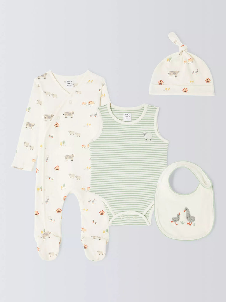 John Lewis Baby Farm Sleepsuit, Bodysuit, Hat & Bib Set