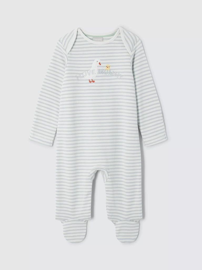 John Lewis Baby I Love Mummy Stripe Sleepsuit, Grey/Cream