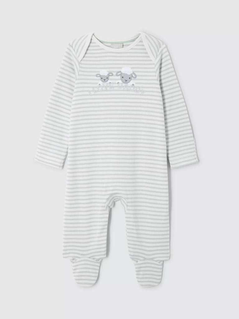 John Lewis Baby Cotton I Love Daddy Stripe Sleepsuit, Cream/Grey