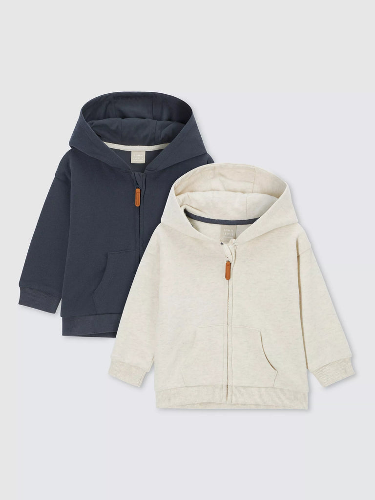 John Lewis Baby Zip Hoodie, Set of 2, Navy/Neutrals