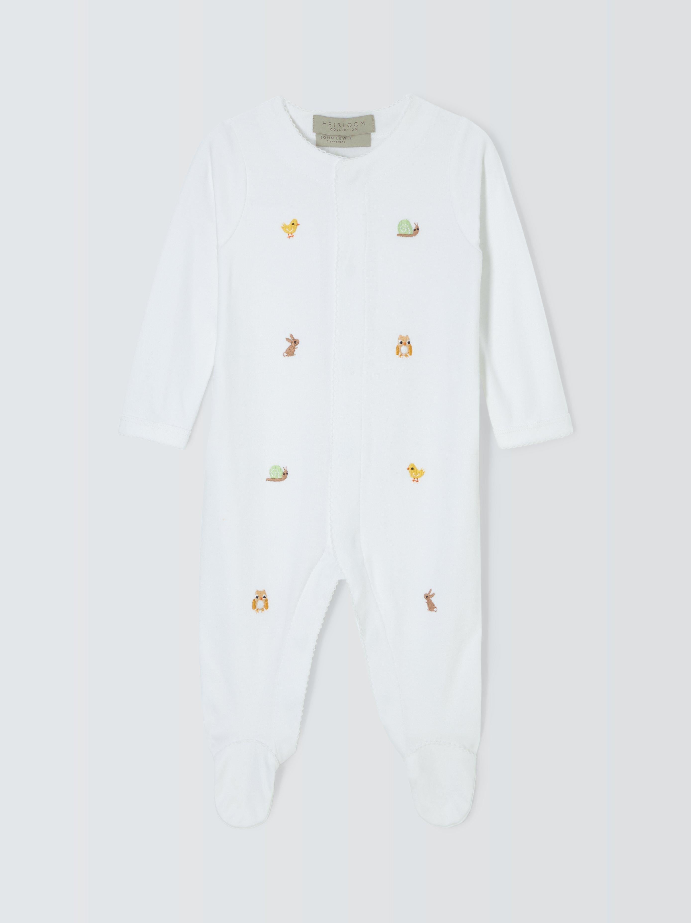 John Lewis Heirloom Collection baby woodlands embroidered cotton sleepsuit white, UK version
