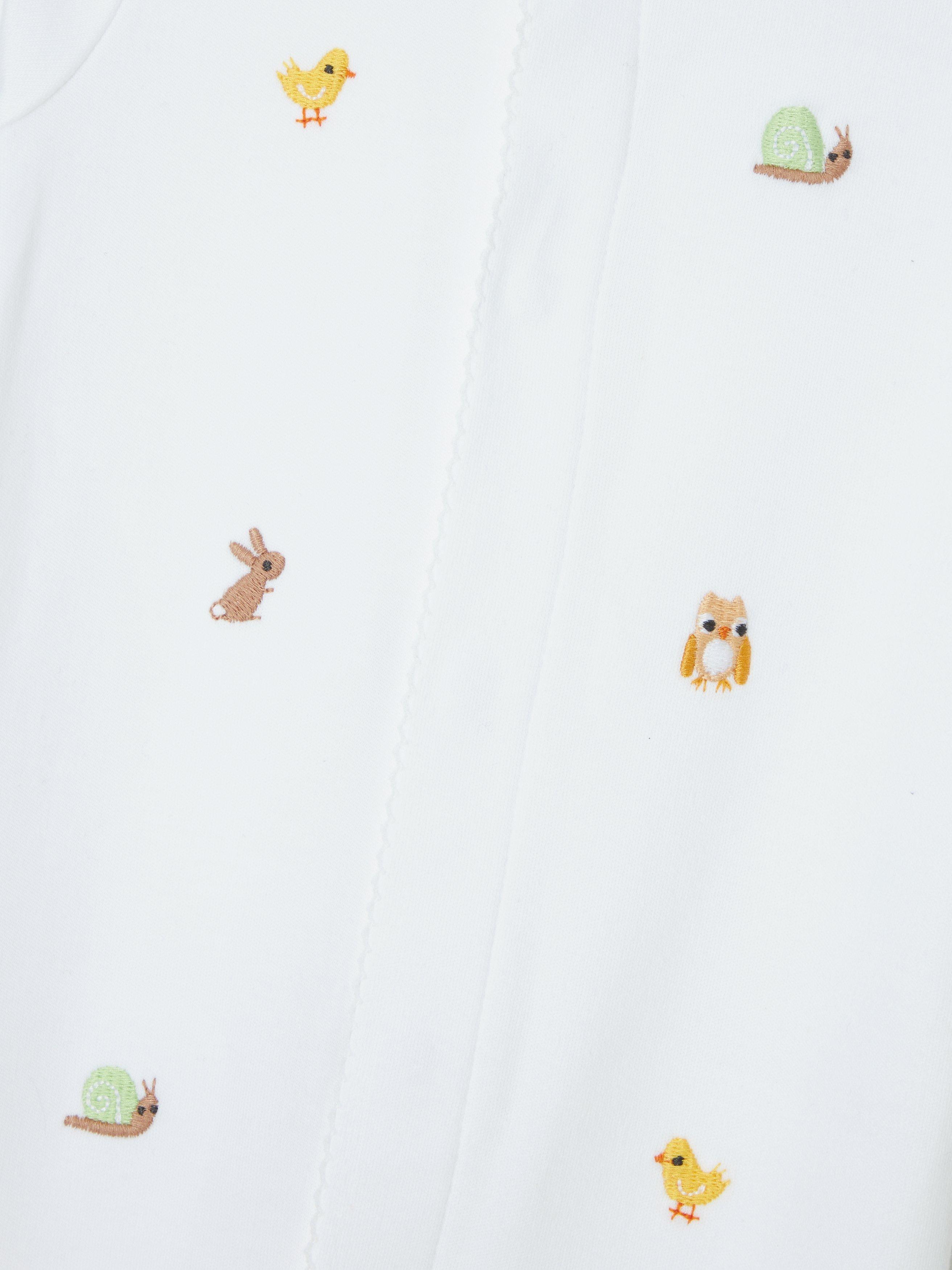 John Lewis Heirloom Collection baby woodlands embroidered cotton sleepsuit white, UK version