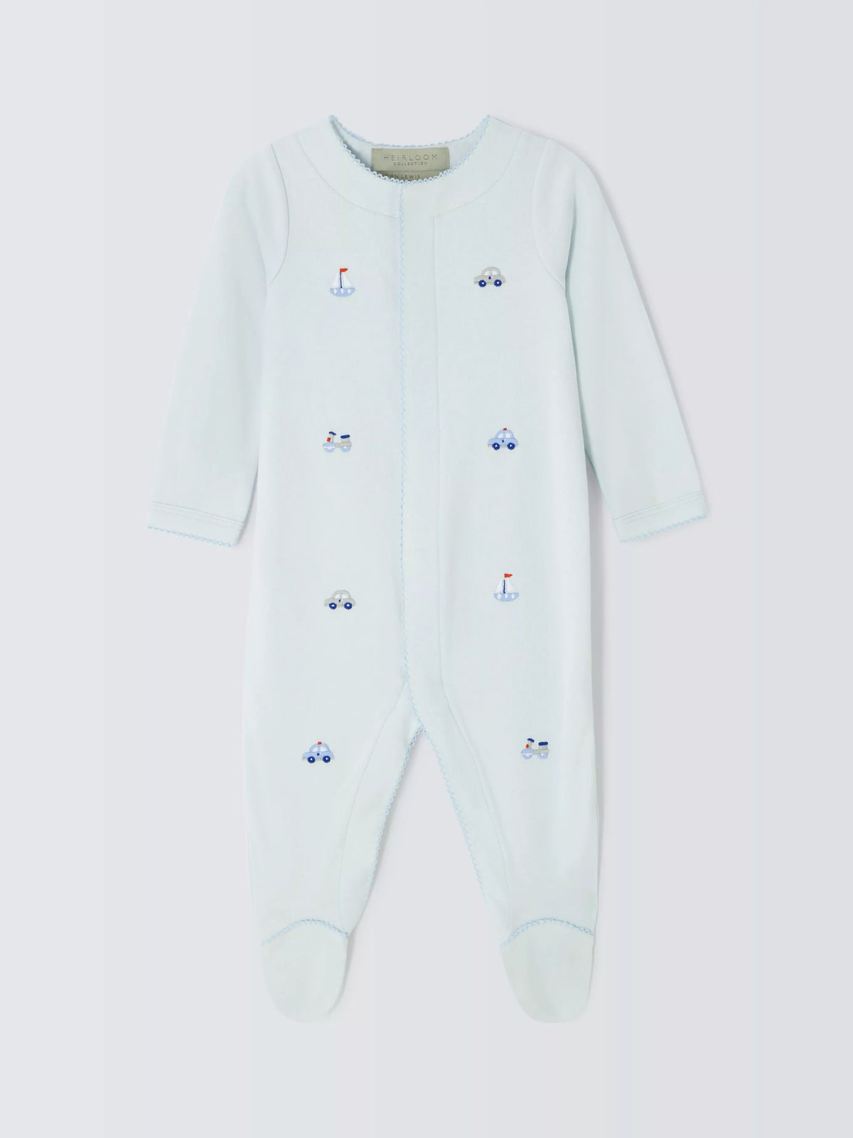 John Lewis baby transport-themed embroidered Pima cotton sleepsuit in blue, UK version