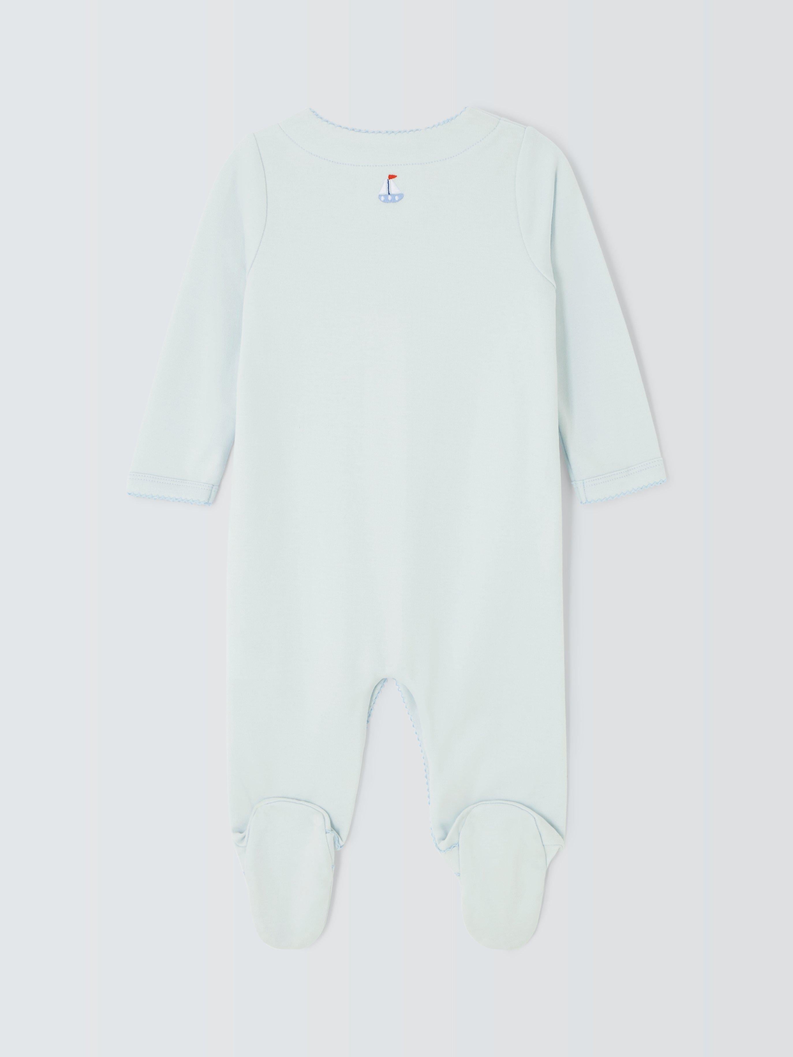 John Lewis baby transport-themed embroidered Pima cotton sleepsuit in blue, UK version