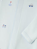 John Lewis baby transport-themed embroidered Pima cotton sleepsuit in blue, UK version
