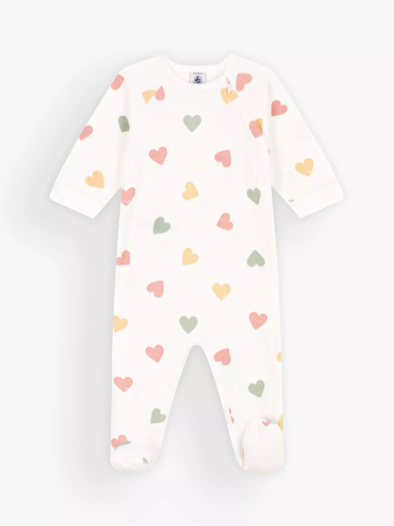 Petit Bateau Baby Heart Velour Sleepsuit, Marshmallow/Multi