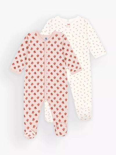 Petit Bateau Baby-Schlafanzüge aus Velours und Schlauchstrick mit Blumenmuster, 2er-Pack, Weiß/Bunt