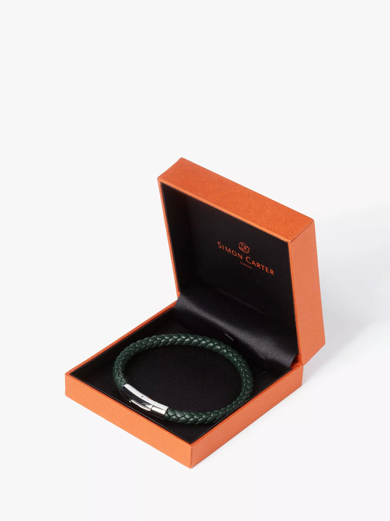 Simon Carter braided leather bracelet in green, imported from the UK