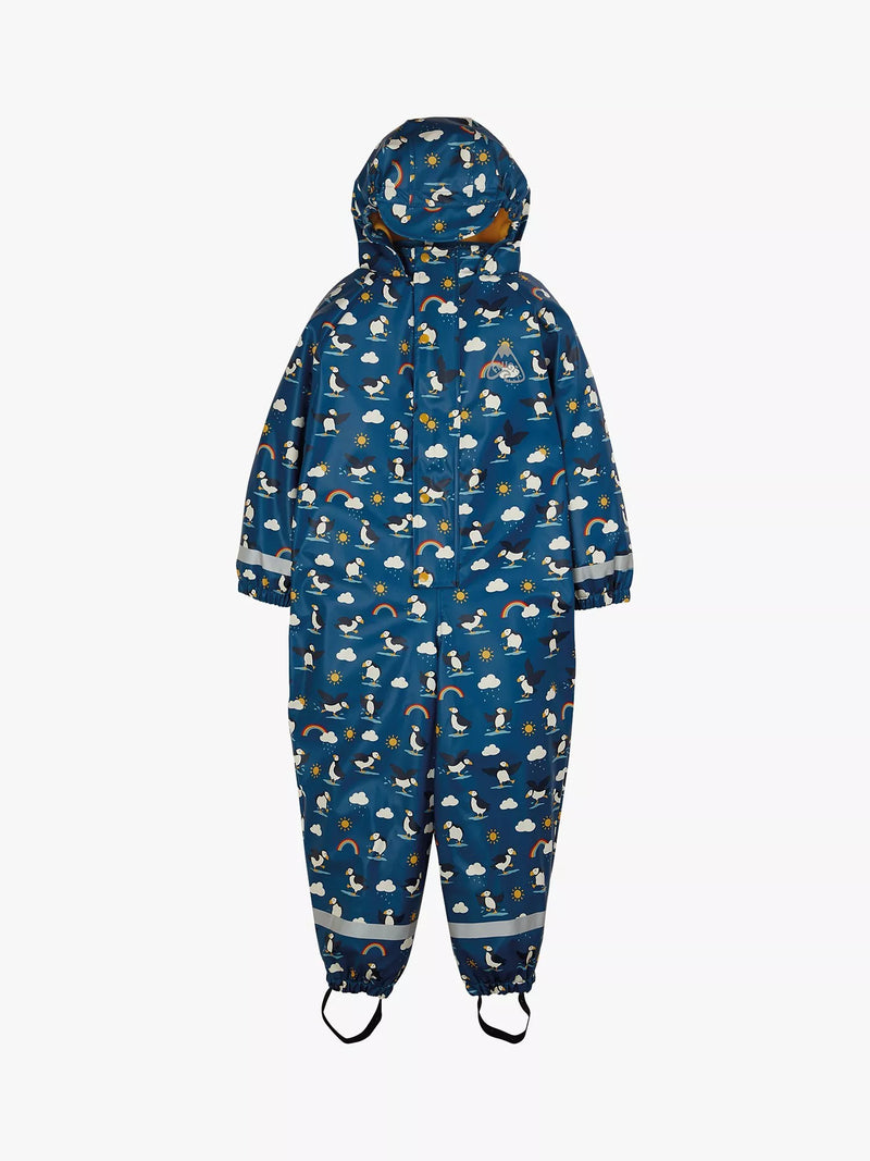 Frugi Baby Puffin Matsch-Buster Einteiler Regenanzug, Blau/Multi