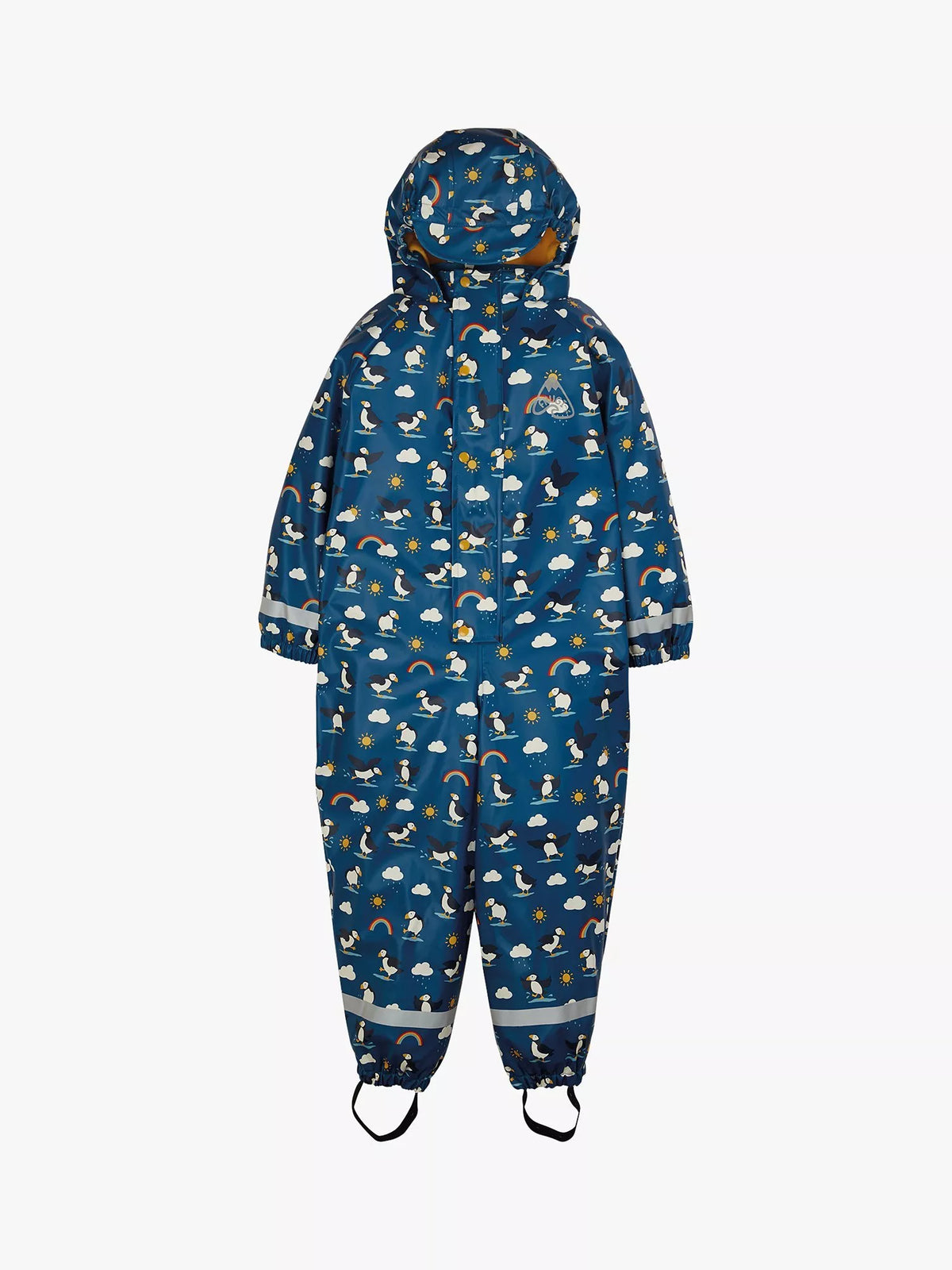 Frugi Baby Puffin Matsch-Buster Einteiler Regenanzug, Blau/Multi