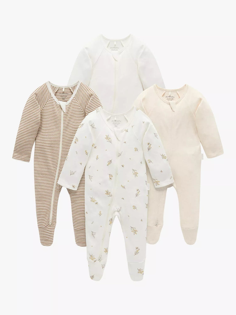 Purebaby Baby Organic Cotton Floral/Stripe/Plain Sleepsuits, Pack of 4, Vanilla Wattlebee