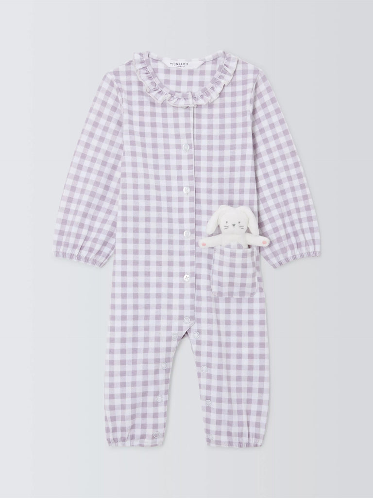 John Lewis Baby Twill Frill Check Romper with Bunny Toy, Purple