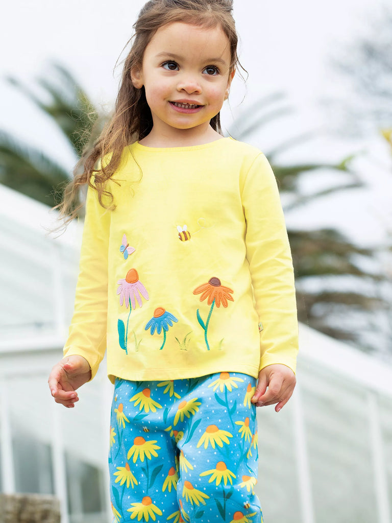 Frugi Baby Organic Cotton Carmen Floral Applique Top, Banana/Echinacea