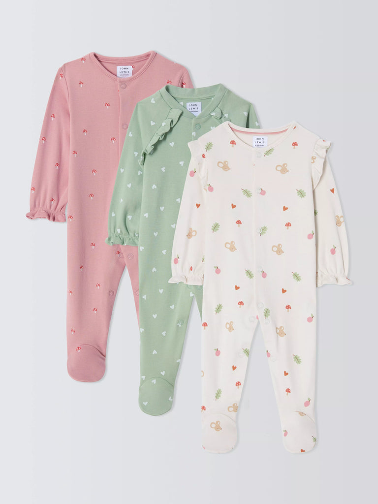 John Lewis Baby Hearts Sleepsuits, Pack of 3, Multi