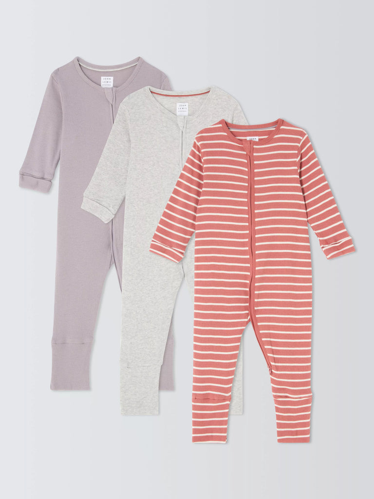 John Lewis Baby Foldover Feet Two Way Zip Ribbed Cotton Sleepsuit, Pack of 3