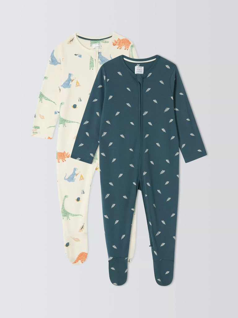 John Lewis Baby Dino Leaf Cotton Two Way Zip Sleepsuit, Pack of 2, Multi