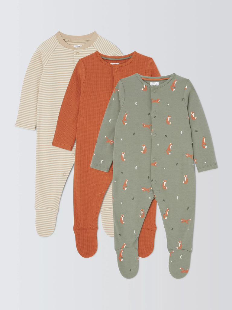 John Lewis Baby Fox Stripe Sleepsuit, Pack of 3, Multi