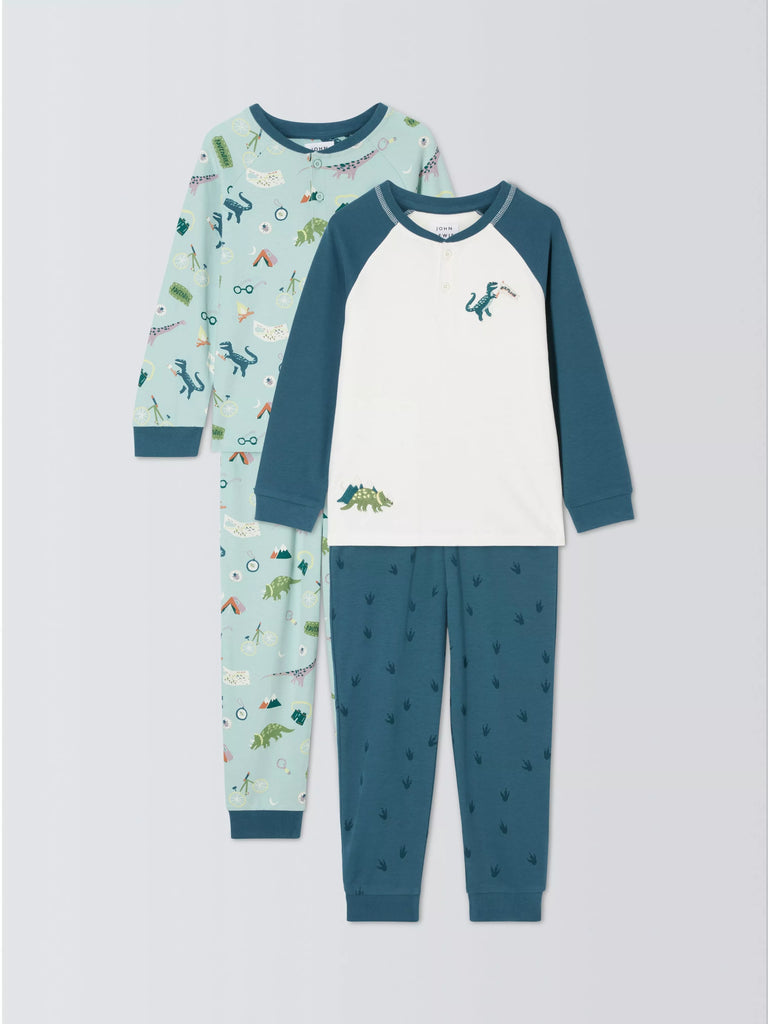 John Lewis Kids' Camping Dinosaur Cotton Pyjama Set, Pack of 2, Blue