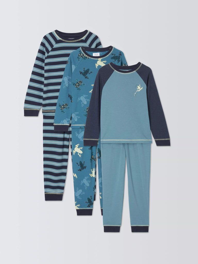 John Lewis Kids' Frog & Stripe Cotton Pyjama Set, Pack of 3, Blue