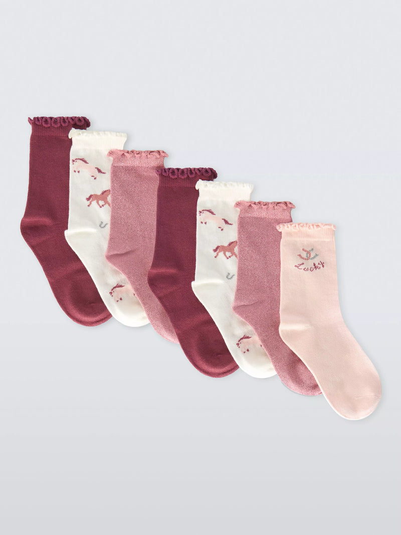 John Lewis Kids' Pony Frill Top Socks, Pack of 7, Multi - 6-8.5