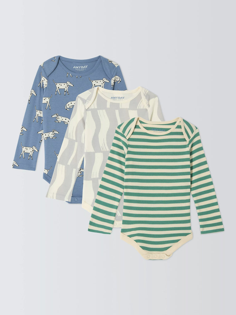 John Lewis ANYDAY Baby Dalmatian Stripe Dog Cotton Bodysuit, Pack of 3, Multi