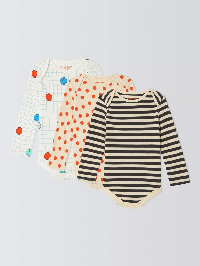 John Lewis ANYDAY Baby Stripe and Spot Long Sleeve Bodysuit, Pack of 3, Multi